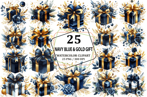 Download Watercolor Navy Blue &amp; Gold Gift Clipart - Gift clipart Collection